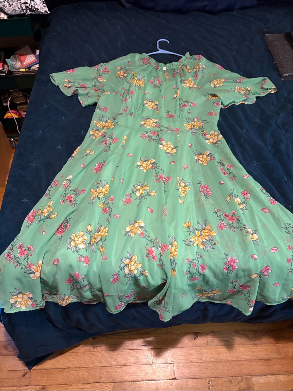 Hell Bunny Green Floral Vintage Dress with Yellow & Pink Blooms